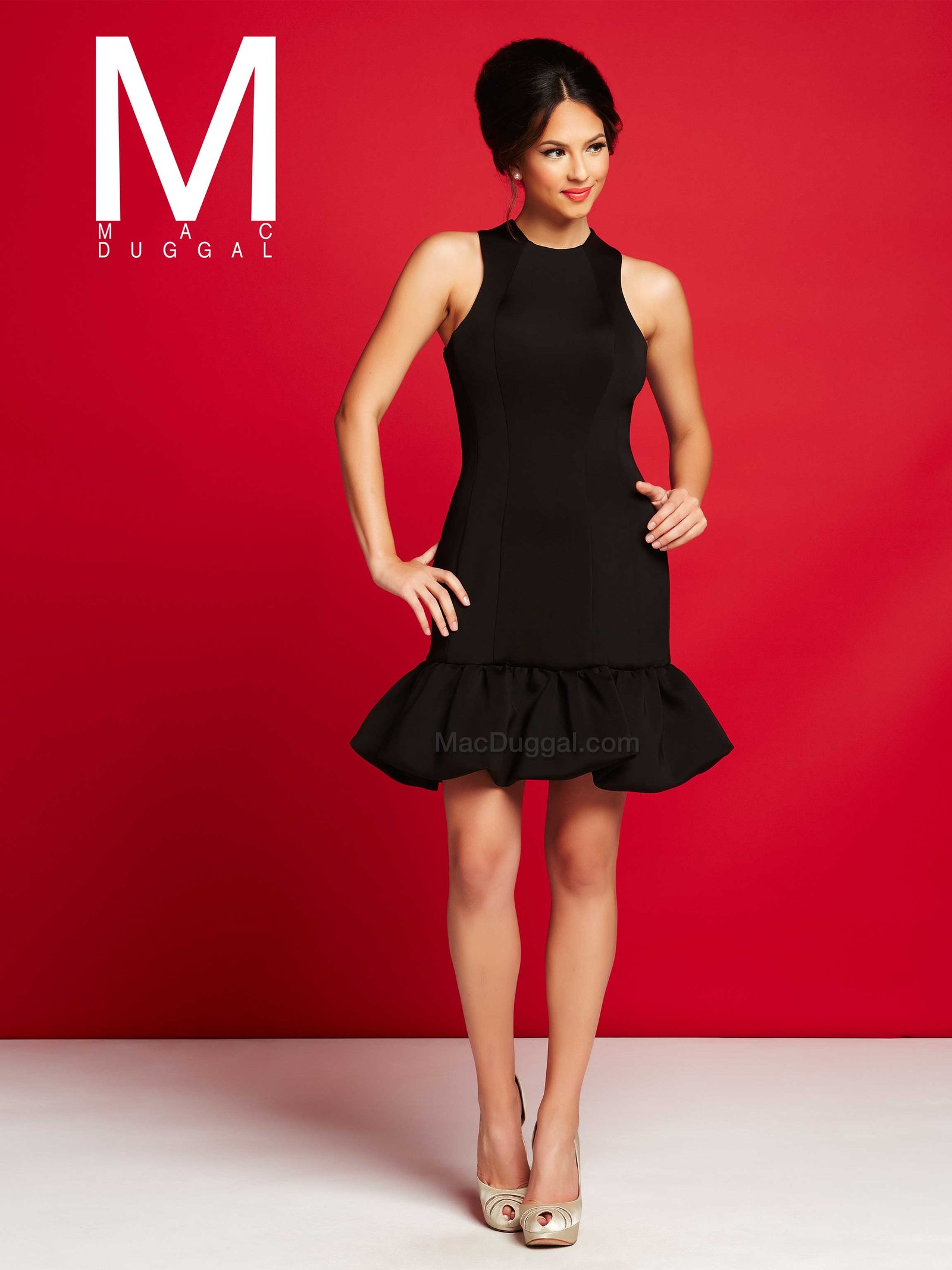 black fitted dress with ruffled hem